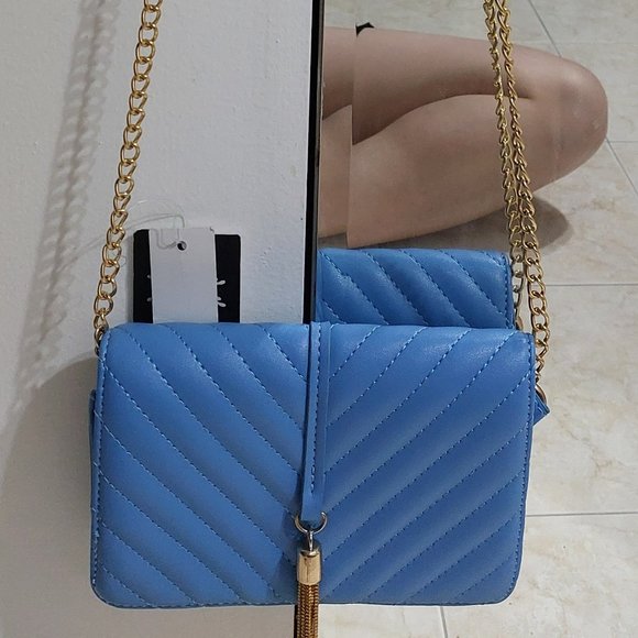 OLIVIA MILLER Easy On Slip On Messenger Style Handbag Beautiful Blue Gold Tassel - Picture 9 of 10